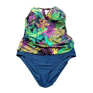 Into the Bleu Women's Size XXL Tropical Multicolor 2 Piece Tankini Swimsuit Set